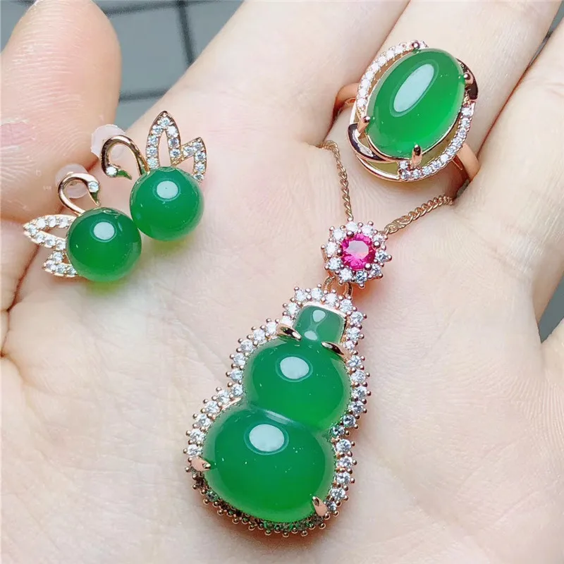 Ожерелье браслет и серьги из натурального серебра 925 пробы с имперским изумрудом