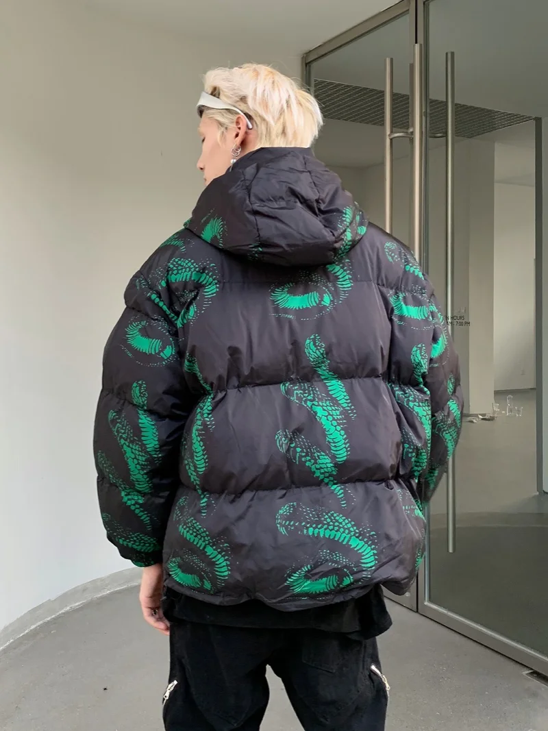 Hip Hop Hooded Parka Jacket Streetwear Men Snake Print Windbreaker Harajuku 2022 Winter Cotton Padded Jacket Coat Puffer Outwear
