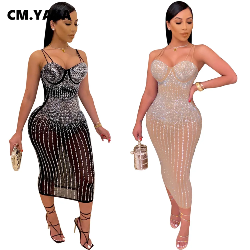 

CM.YAYA Mesh See Though Hot Rhinestones Plunging V-neck Midi Bodycon Dress for Women Sexy Club Party Dresses Pencil Vestidos