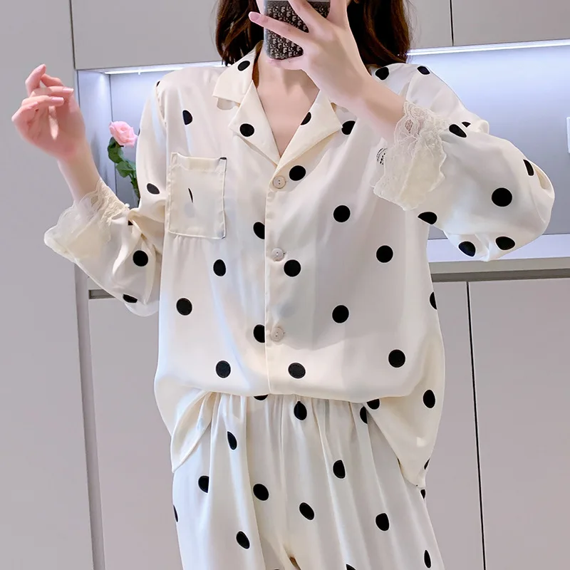 

Lace Sleepwear Female Pajamas Suit Spring Long Sleeve Shirt&Trousers Pyjamas Sleep Set Women Satin Nightsuits Homewear