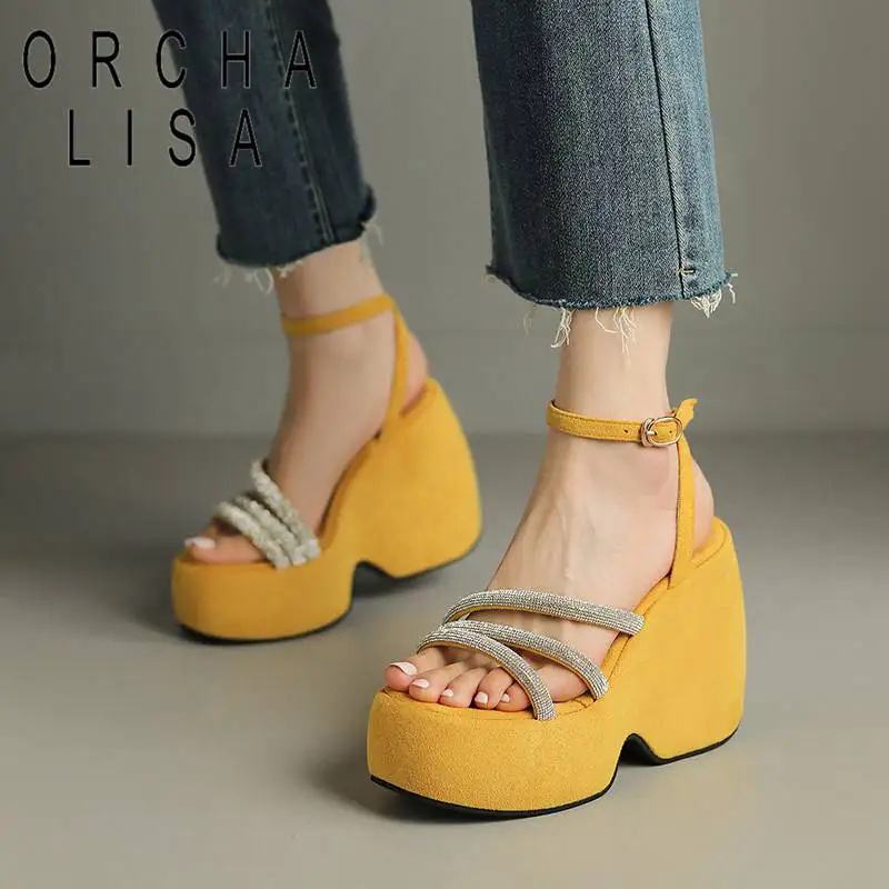 

ORCHA LISA Ladies Sandals Wedges 12cm Flock Platform Hill 5cm Ankle Buckle Strap Big Size 41 42 43 Concise Daily Shoe Female
