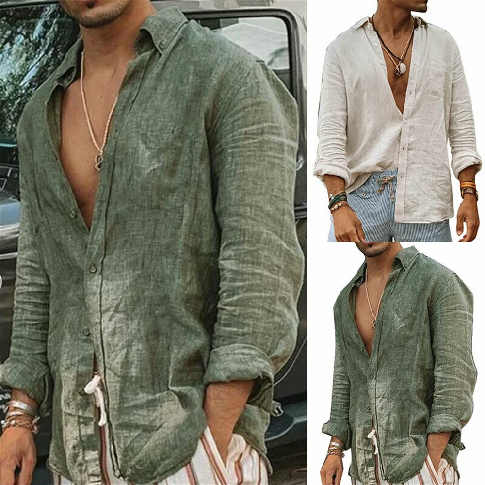 

Casual Collar Autumn Solid Loose Men Shirtsstanding Cotton Shirts Color Linen Men's Spring Handsome Male 2023 Sleeves Tops Long