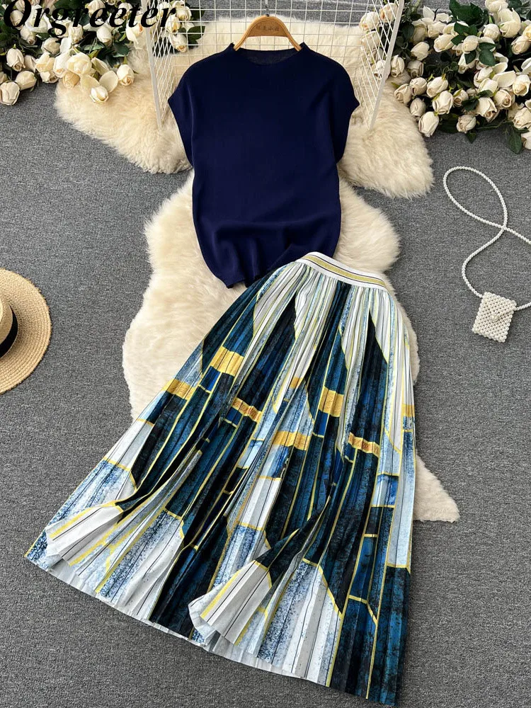 

High Quality Knitted Tops&Pleated Skirt Two Piece Set Women Elegant Ladies Solid Sweater +Long Skirt 2 Piece Set Outfits