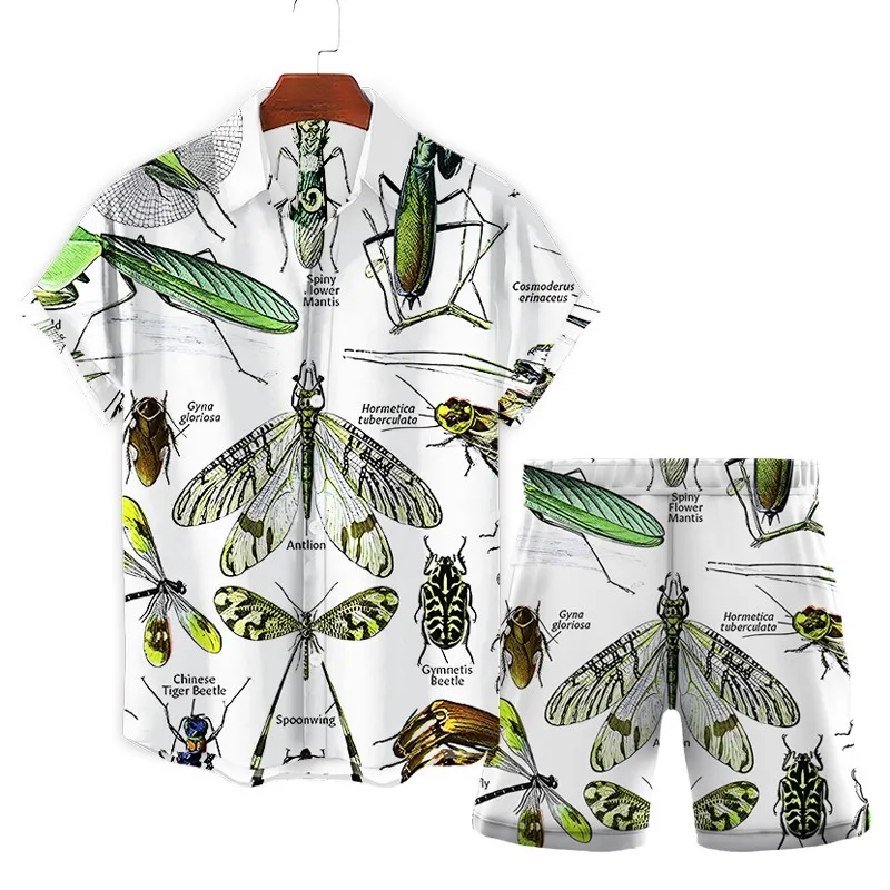 

New Summer Casual Beach Sports Shirt Coconut Green Leaf Pattern Top Hawaiian Men's Shirt Dragonfly Floral Shirt and Shorts Set