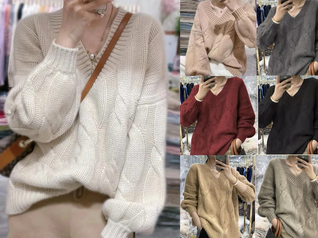 

2022 мягкий и толстый кашемировый свитер, женский осенне-зимний пузырьковый рукав, v-образный вырез, свободный ветрозащитный шерстяной вязаный свитер, Осень-зима