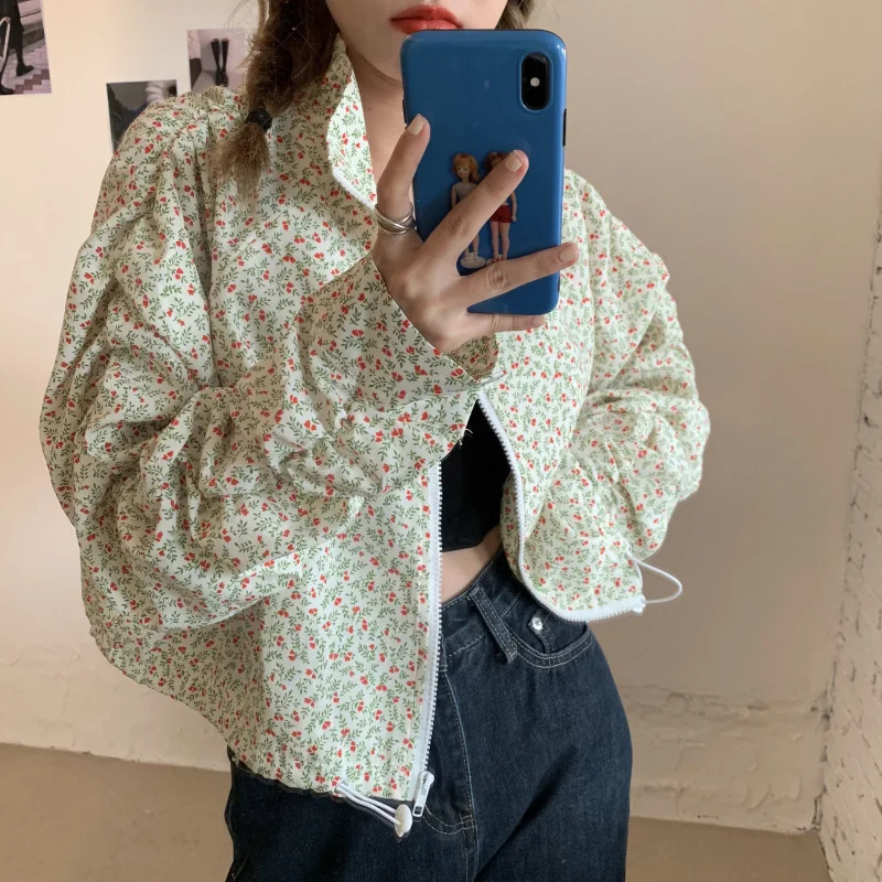 

2021 Women New Cottagecore Floral Printed Long Sleeve Jackets Zip Up Stand Collar Coat Tops Sweet Casual Outerwear Ropa Mujer