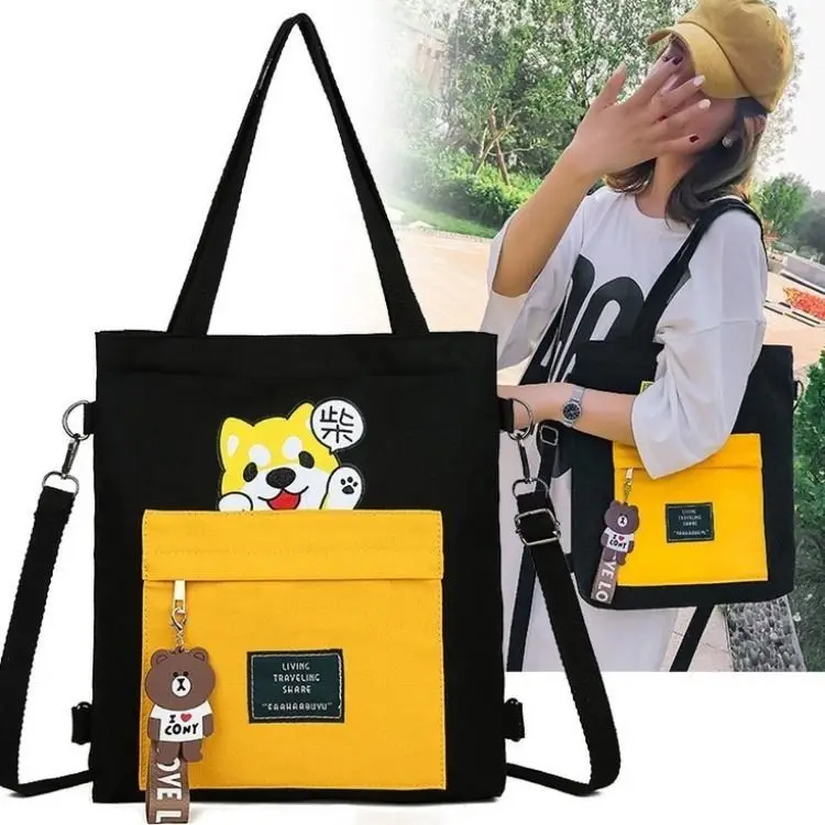 

New Cartoon Canvas Women's Handbags Shoulder Bags Folding Environmentally Friendly Teenager Handbag Crossbody Bag Girl Schoolbag