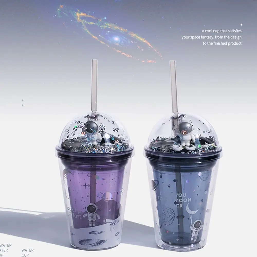 

With Straw Portable Astronaut Gradient Glittery Drinkware Double Wall Water Bottle Drinking Cup Juice Tea Milk Mug