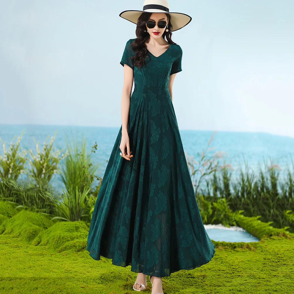

New Women Dark Green Jacquard Dress Summer Elegant Fashion V-Neck Short Sleeve Slim Dress Classic High Waist A-Line Long Dress