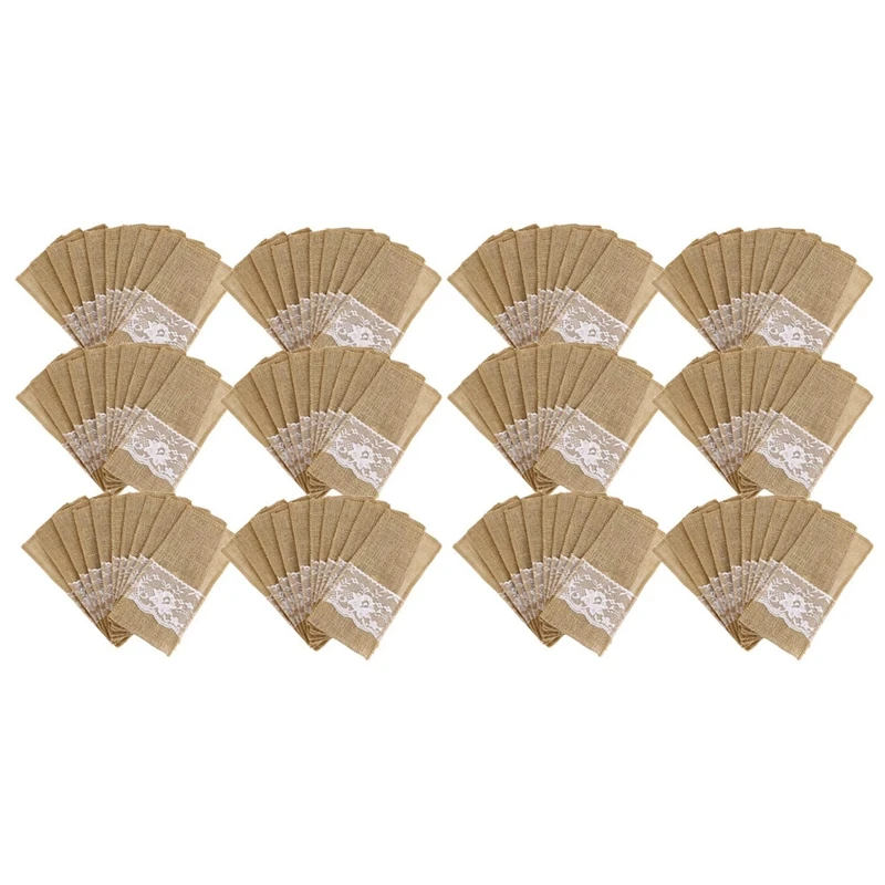 

150Pcs Burlap Lace Cutlery Pouch Rustic Wedding Tableware Knife Fork Holder Bag Hessian Jute Table Decoration