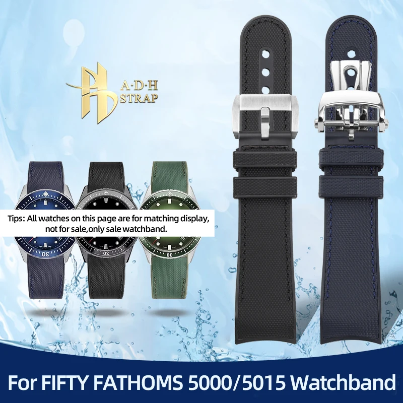 Резиновый ремешок для наручных часов черный воин изогнутый 23 мм FKM белой Fathoms 5000