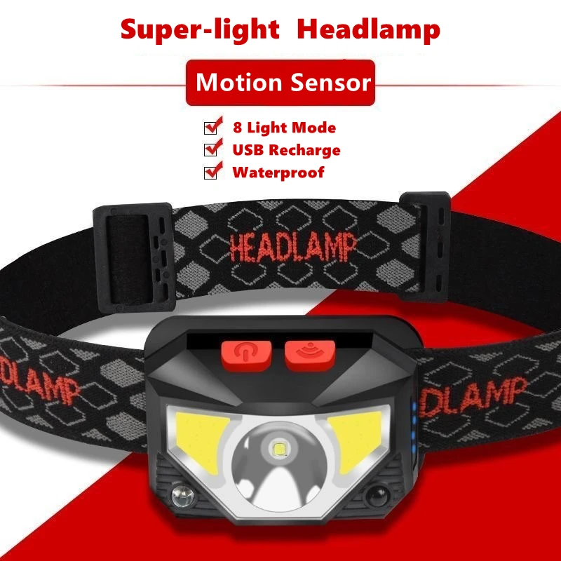 

8 Modes Handfree Motion Sensor Powerful LED Headlight headlamp Head Lamp COB Flashlight Torch head light For Camping, fishing