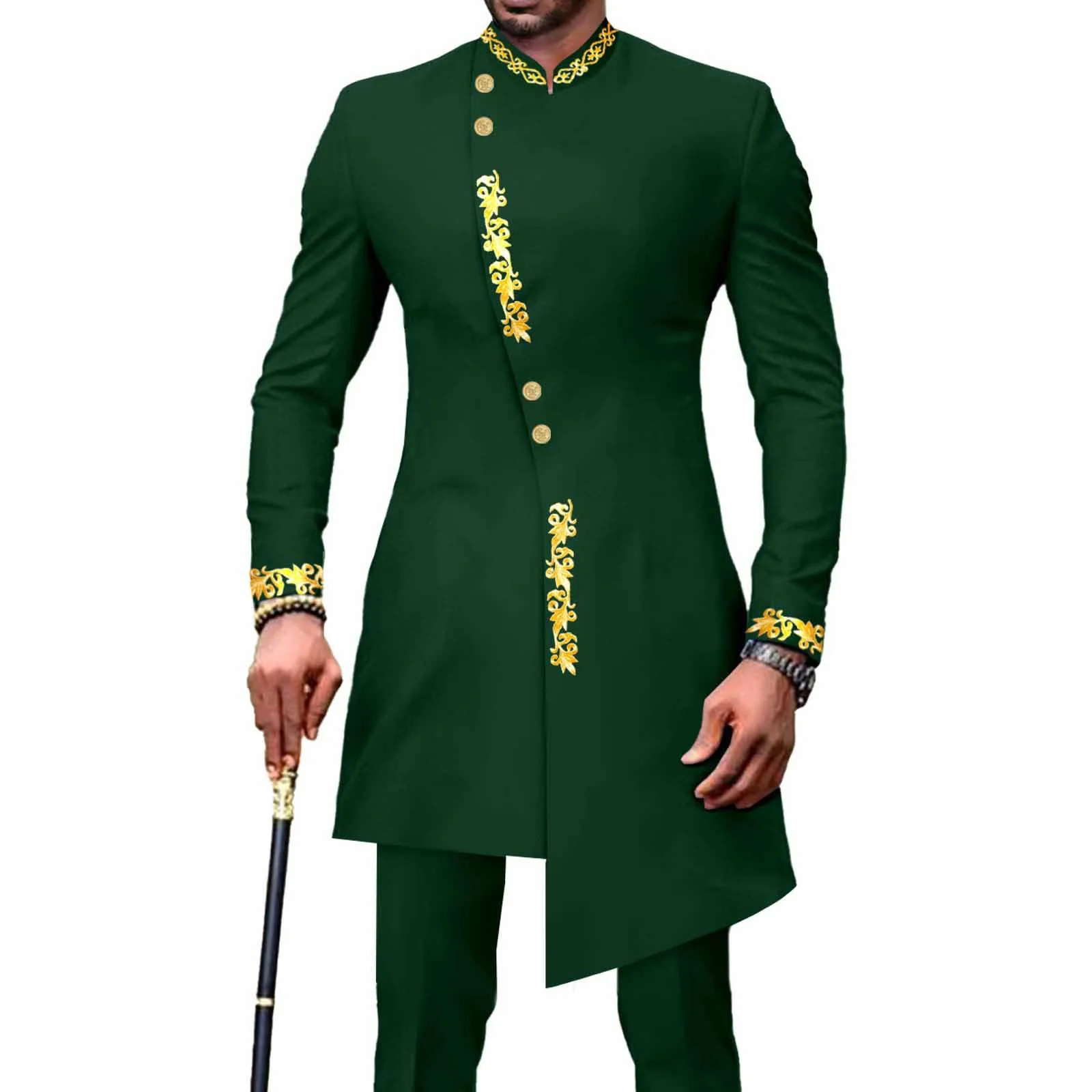 African Suits for Men Slim Fit Bazin Riche Attire Embroidery Jacket Pants 2 Pcs Business Formal Designed Date Party Clothes