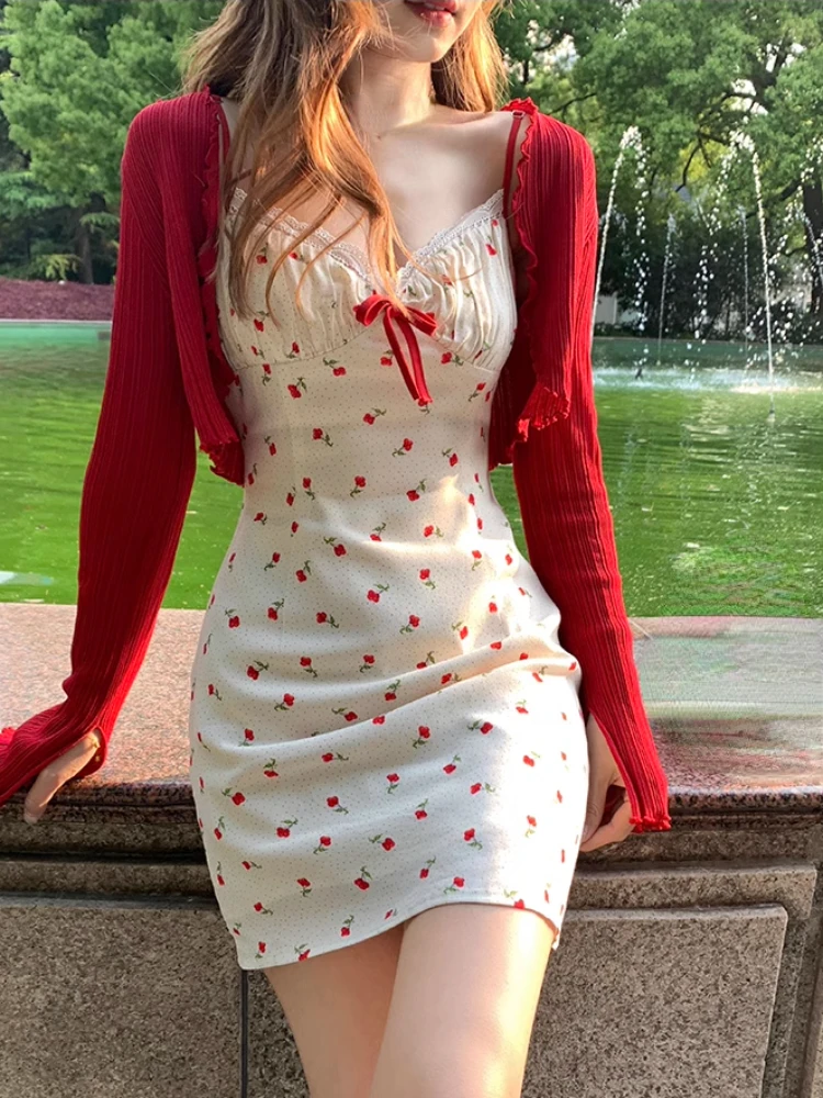 

2023 Autumn Sweet Elegant Dress 2 Piece Set Office Lady Casual Floral Strap Mini Dress + Women Party Y2k Cardigan Korean Fashion