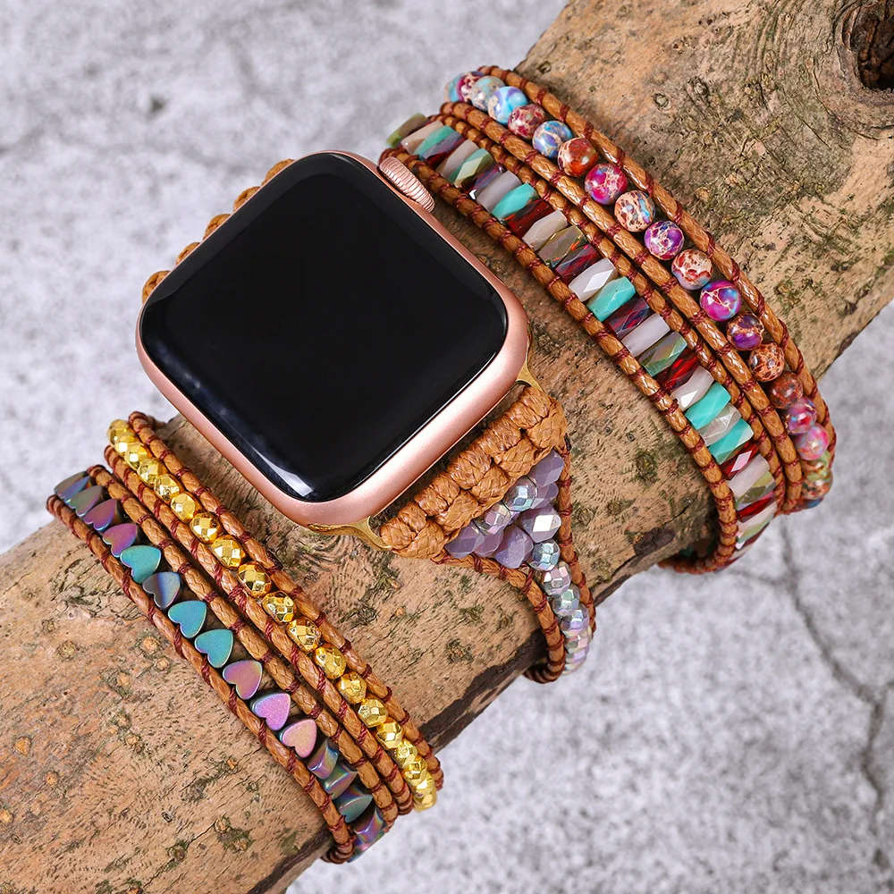 

Богемный ювелирный ремешок для Apple Watch series 8 7 38 40 42 мм 44, винтажный плетеный браслет ручной работы с натуральными бусинами iwatch 6 se 5 4 3