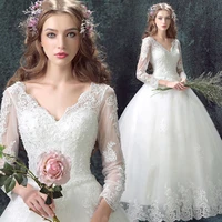 lace full sleeve wedding dress for bride 2022 v neck lace up plus size a line long wedding gowns ivory tulle vestidos de novia