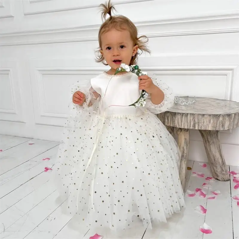 

White Boho Flower Girl Dresses Appliques Big Bow Full Illusion Sleeves Floor Length Baby Brideamaid Dress