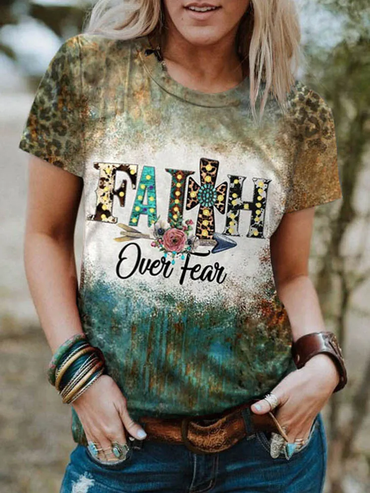 

Novelty Tie Dye T-Shirts Faith Over Fear Tee Leopard Arrow Floral Bleached Graphic T Shirts Christian Inspirational Tunic Top