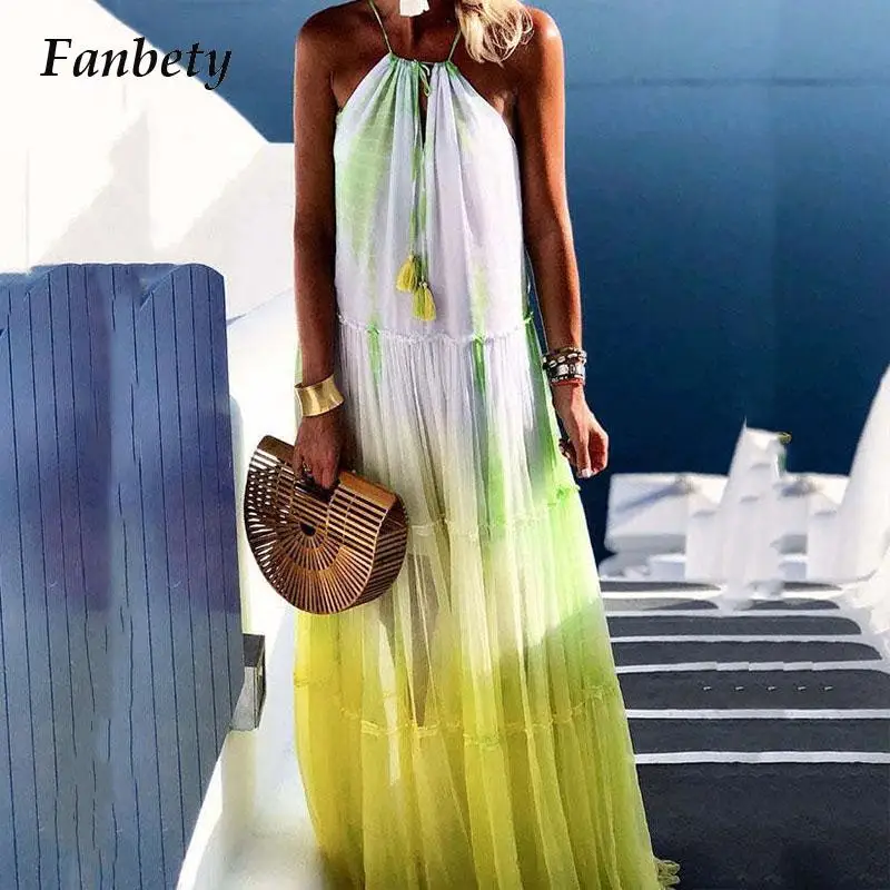 Sling Sleeveless Summer Long Dress Vintage Tie-dye Loose Pleated Dress Women Casual Off Shoulder Backless Beach Dresses Vestidos