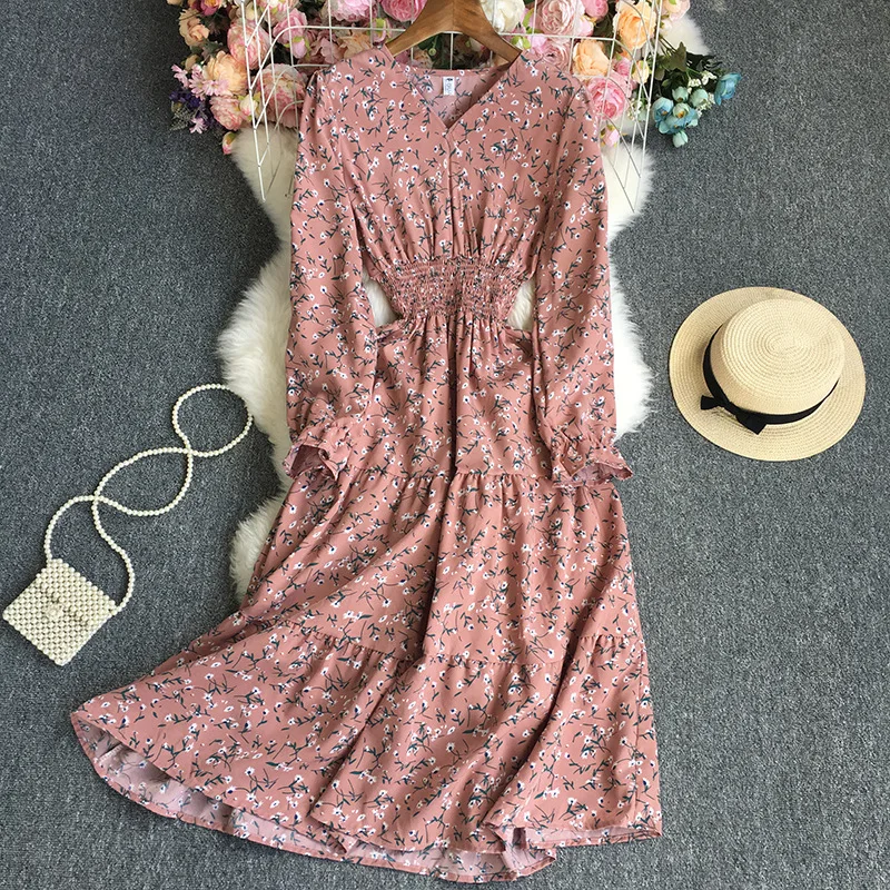 

Long Sleeve Floral Print Vintage Women Dress Basics A Line Party Birthday Clothing Elegant Wedding Dresses Robe Longue Femme
