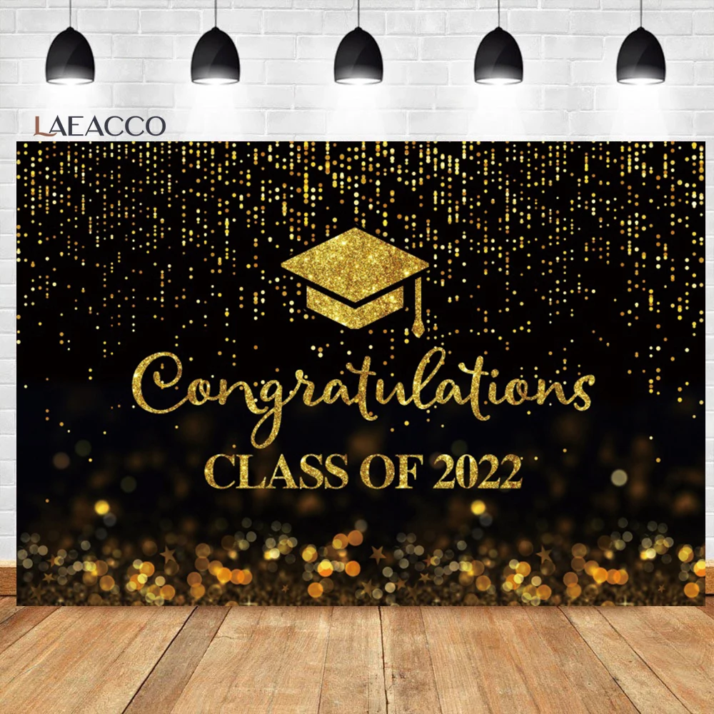 

Laeacco Class Of 2022 Graduation Party Backdrop Fantasy Gold Light Bokeh Bachelor Cap Grad Prom Portrait Photography Background