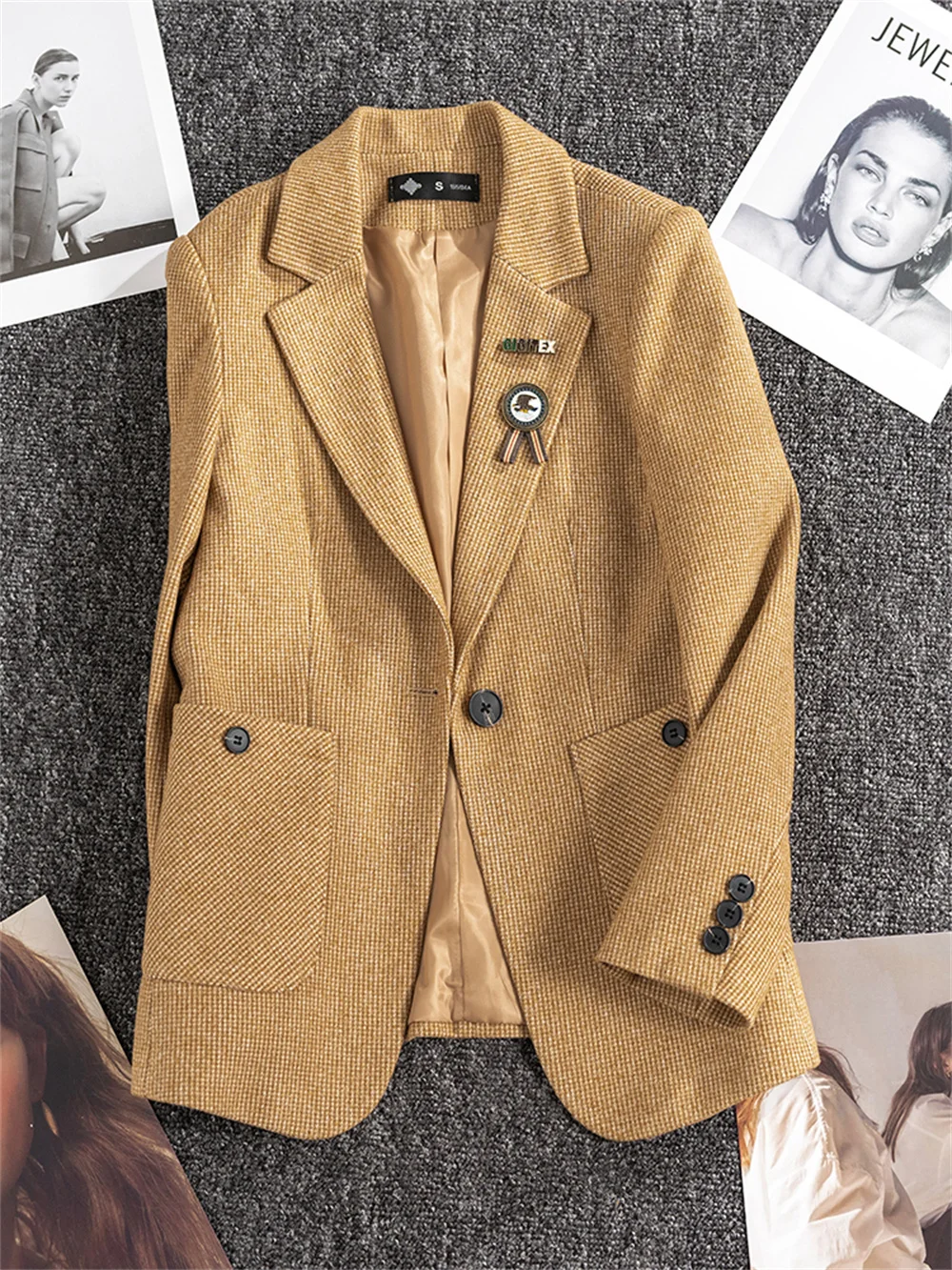 Women Blazer Yellow Brown Gray Pink Female Casual Long Sleeve Single Button Slim Coat Ladies Business Work Wear Formal Jacket