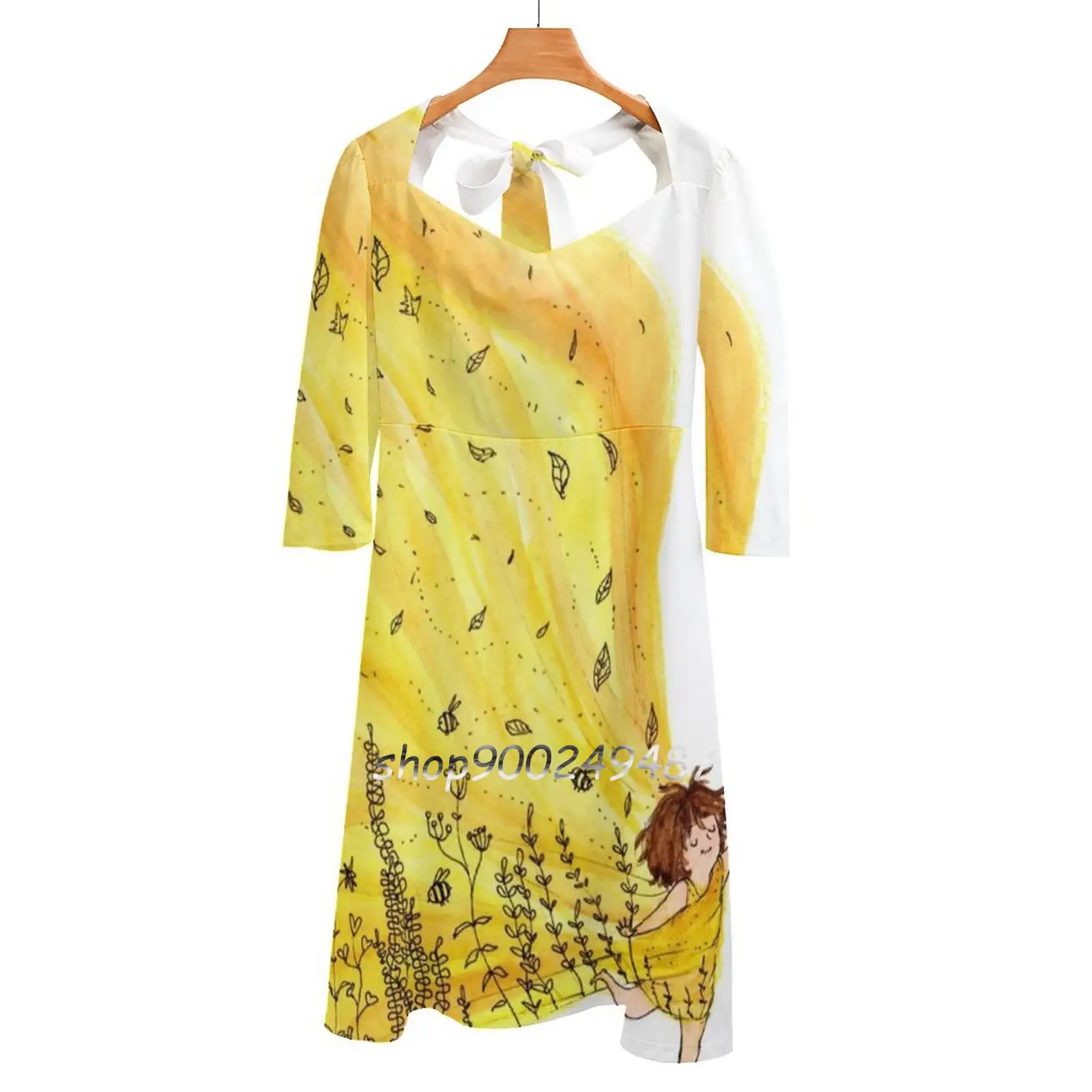 

Sun Wrapped Square Neck Dress New Plus Size Elegant Women Waist Tight Dress Summer Watercolor Sun Yellow Cute Mankakasha