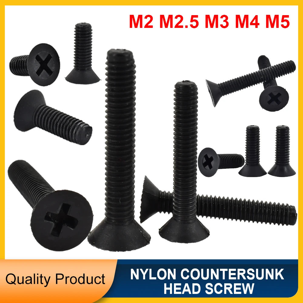 Черные нейлоновые крестовые винты M2 ~ M5 с потайной головкой подходящие для