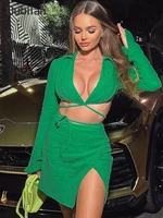 two piece set women skirt and crop top 2022 aumtumn new solid color v neck sexy outfit green long sleeve t shirt dress sets
