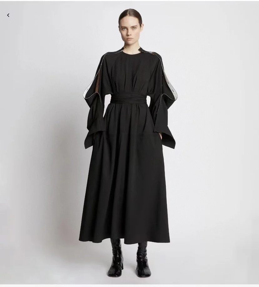 

Women Fashion Long Sleeve with Single Breasted Robe Waist Lace Up Acetic Acid Long Dress