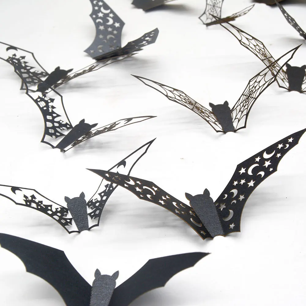 New 12Pcs Halloween 3D Hollow Bat Wall Stickers Black Sticker Room Decor Party DIY Decals Horror Bats Removable |