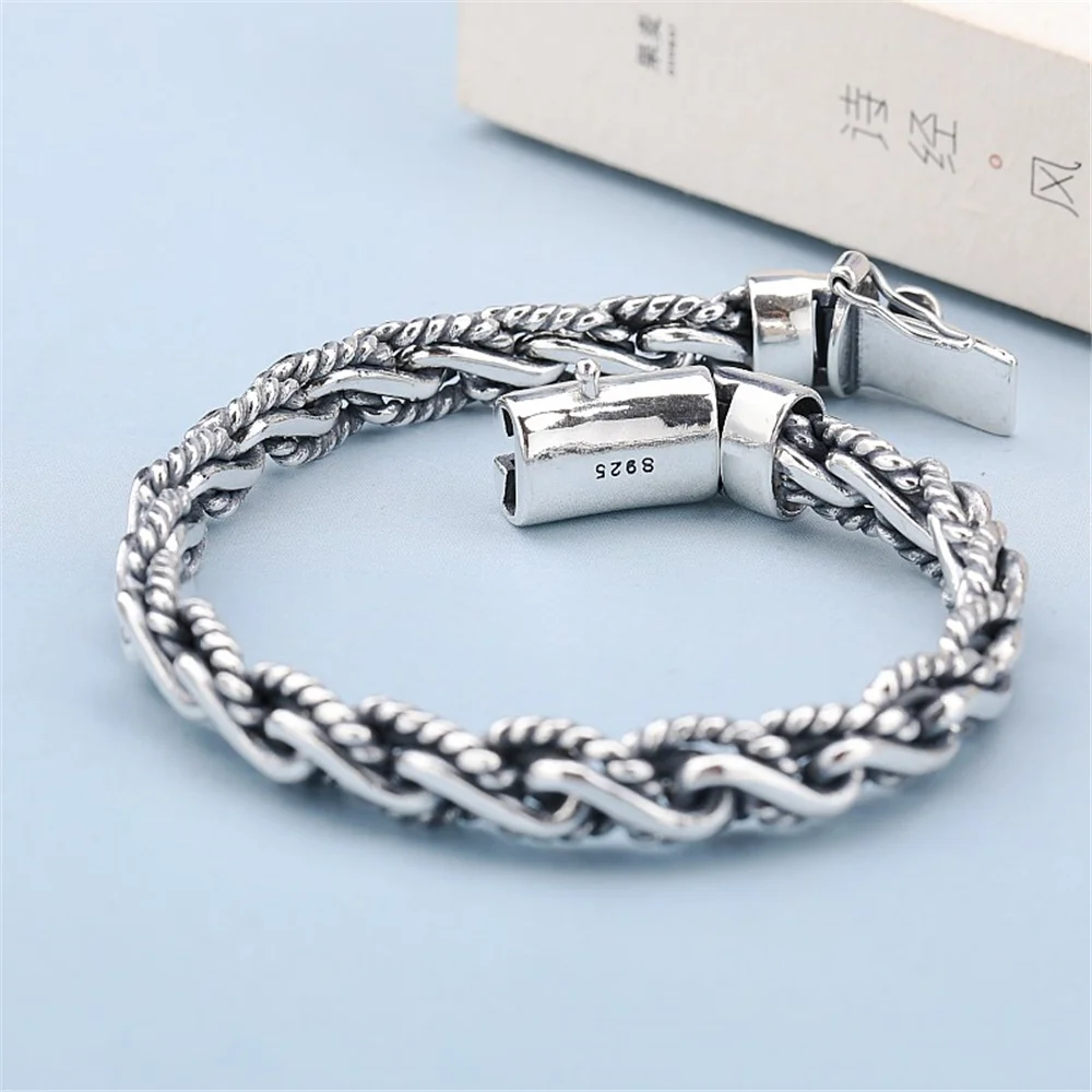 

S925 Sterling Silver Men's Bracelet, Hand Braided 9mm Wide Silver Chain Vintage Thai Silver Jewelry Gift for Couples