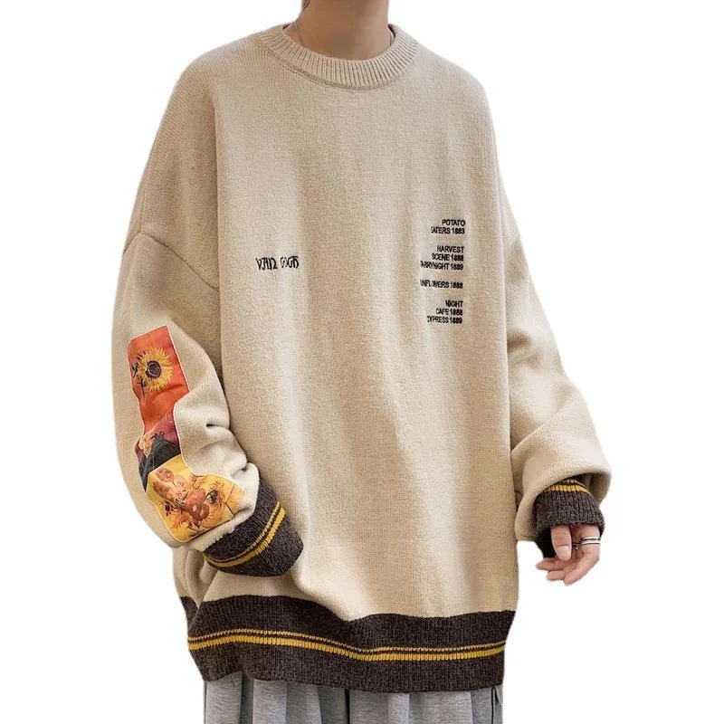 

Cotton Hip Hop Men Sweater 2022 Spring Autumn Pullover Pull Homme Van Gogh Painting Embroidery Knitted Vintage Clothes Fashion