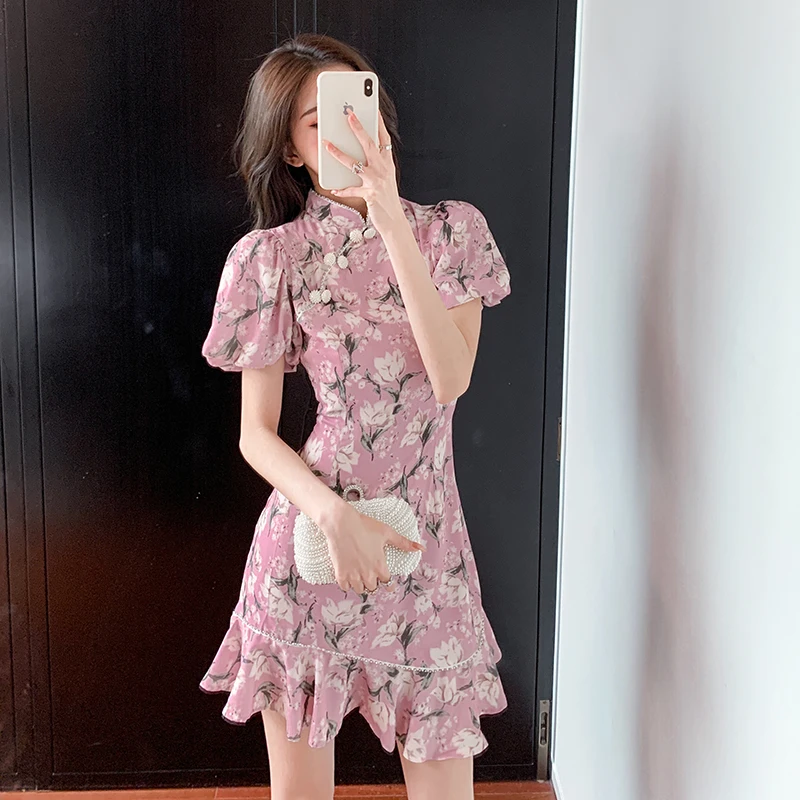 

COIGARSAM Long Dress Women New French Style Cheongsam Vintage Floral Print Puff Sleeve Dresses Dropshipping