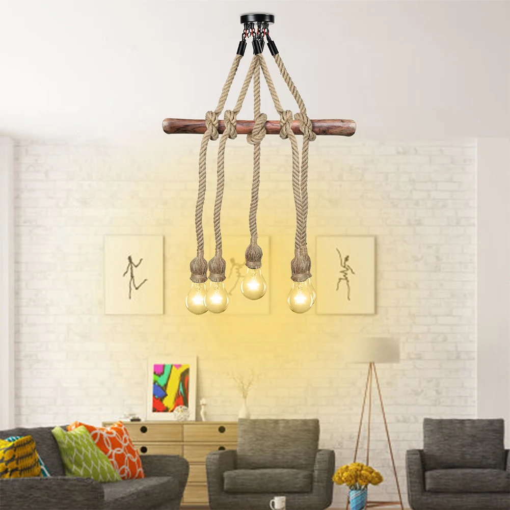 

E27 Vintage Retro Hemp Rope Lamp Bases 1m 5 Head LED Industrial Chandelier 200-240V Lamp Holder White Woven Lamp Home Decoration