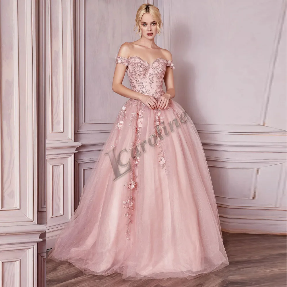 

Caroline Pink Off Shoulder Evening Dress Bodice Sweetheart Ball-Gown Appliques Sparkly Sequin Prom Gowns Party Custom Made