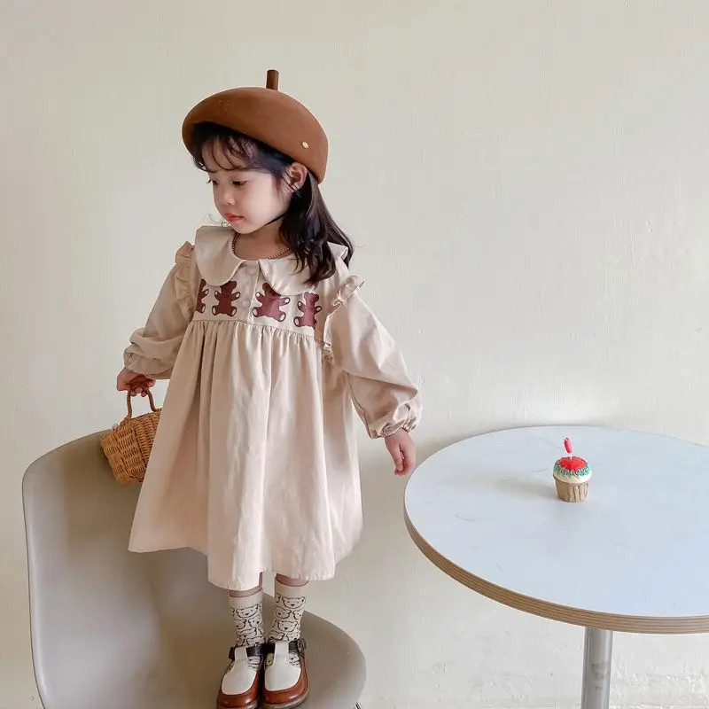 

Новинка, весеннее платье для девочек, детская одежда с длинным рукавом и мультяшным медведем, корейские милые платья с кукольным воротником для маленьких девочек