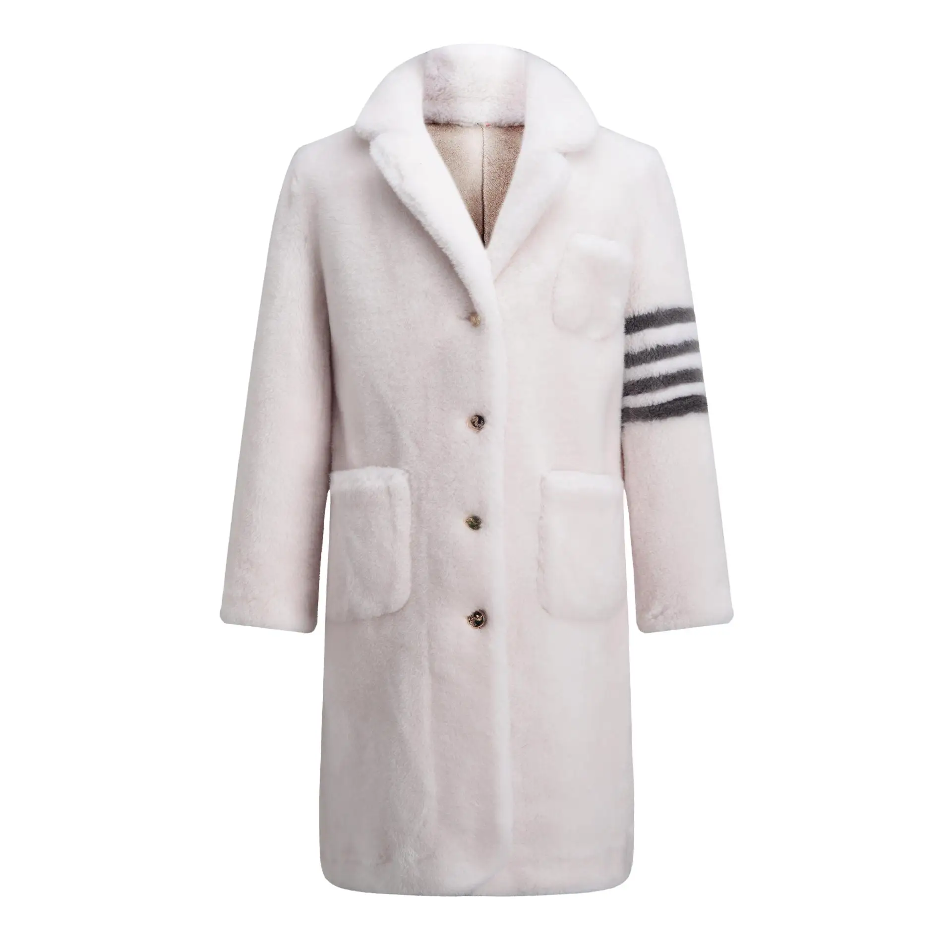 

Женская меховая куртка TB BROWIN, зимнее пальто, шерстяное повседневное длинное пальто с высоким воротником, теплая длинная куртка, утепленная бархатная верхняя одежда в полоску