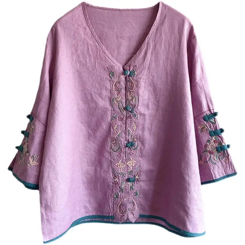 Vintage Disc Buttons Linen Cotton Shirt Women's 3/4 Sleeve Blouse Casual Purple Pink White Summer Loose V-Neck Top Blusas Mujer