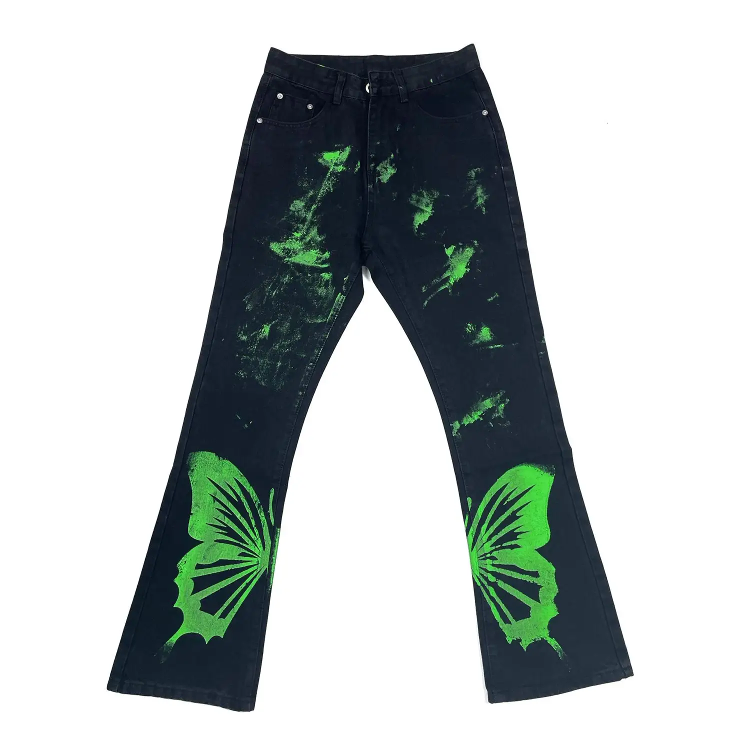 Original hip-hop dark personality green butterfly brushed loose straight micro-flare pants men's and women's jeans