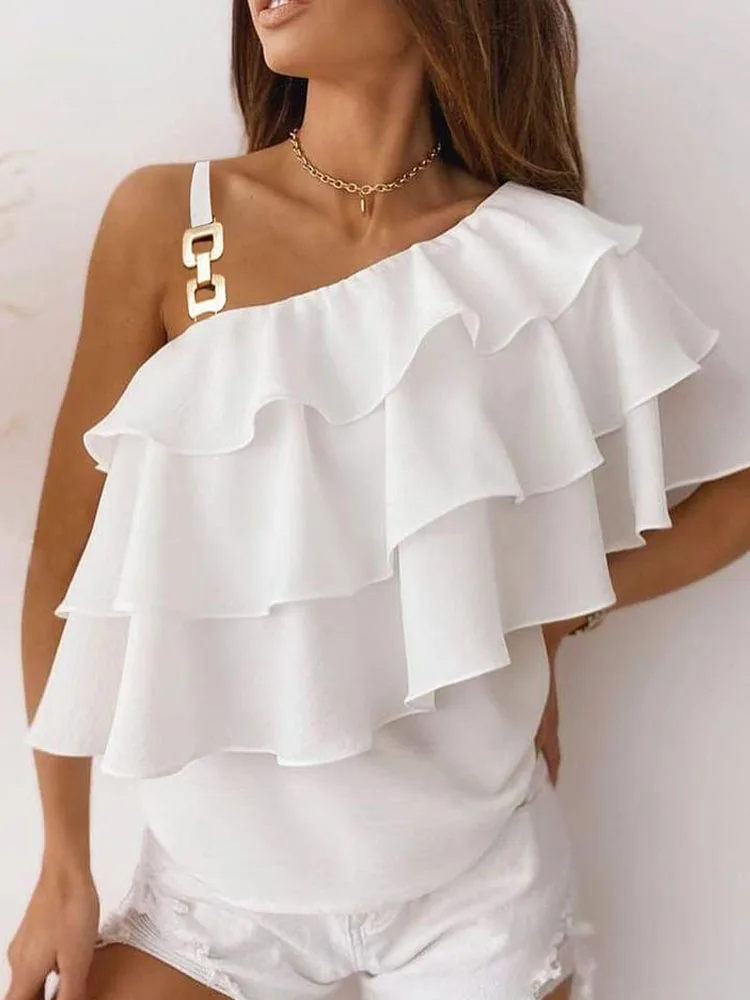 

Sexy Off Shoulder Diagonal Neck Solid Pullover Chic Layered Ruffle Slim Commuter Tops New Summer Chiffon Womens Fashion Blouses