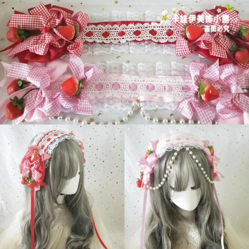 

Soft Girl Red Plaid Bow Lace Strawberry Hair Band Japanese Party Princess Hair Ornaments Sweet lolita Headdress Hairpin Cosplay