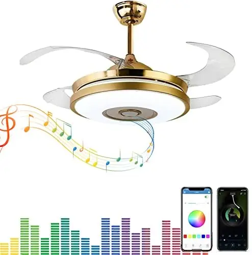 

42\u201D Retractable Ceiling Fans with Lights and Remote Control, Modern Chandelier Fan Lighting with Bluetooth Speaker Play Mu
