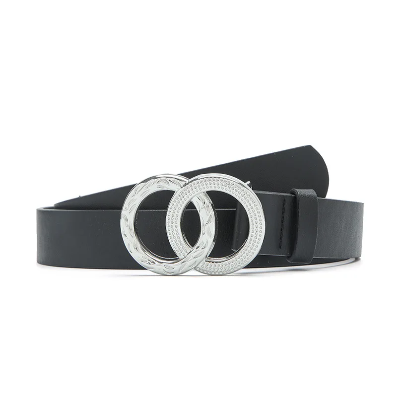 

New Double Ring Buckle Shiny Pu Belt Women Fashion Thin Round Silver Alloy Belts Female Jeans Dress Waistband Brand Design 2022