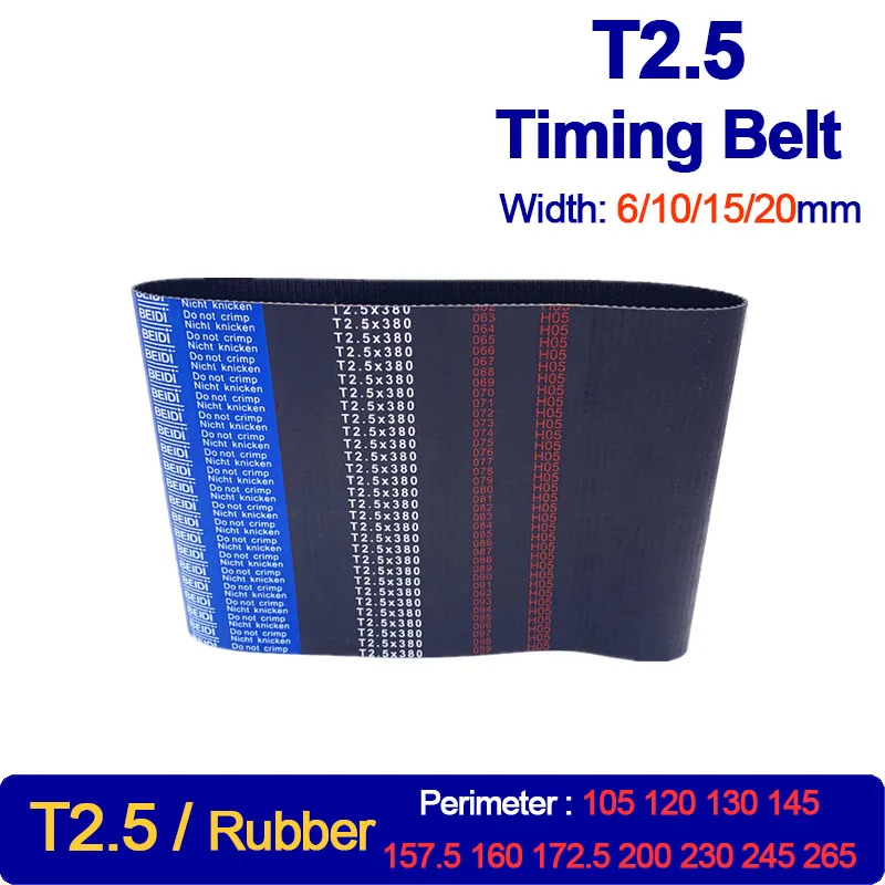 

1Pc T2.5 Rubber Timing Belt Width 6 10 15 20mm Perimeter 105 120 130 145 157.5 160 172.5 200 230 245 265mm Synchronous Belt