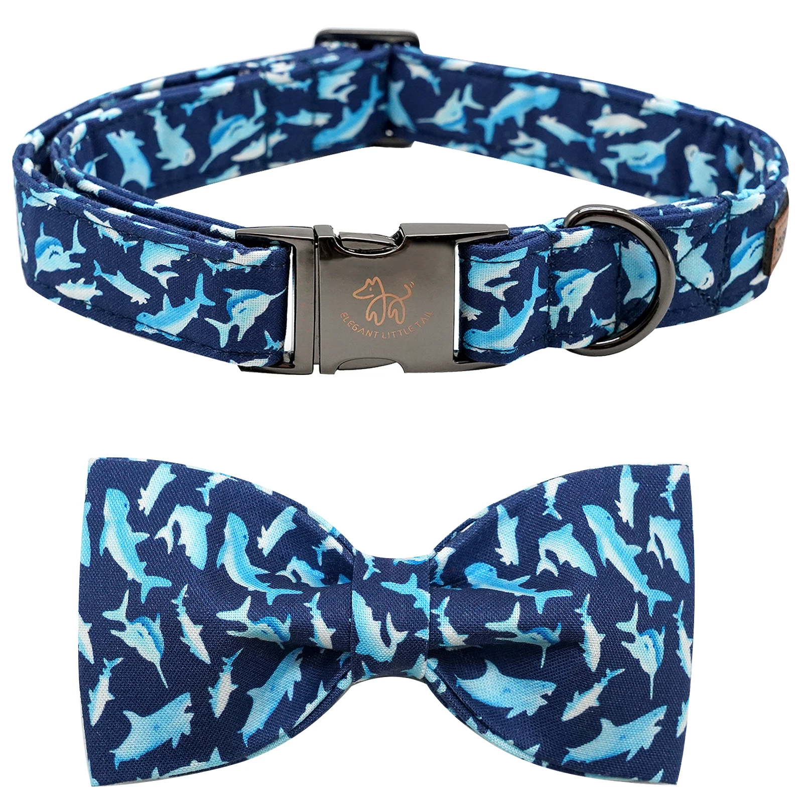 Elegant little tail Dog Collar with Bow Shark Print Adjustable Dog Collar Cute Bowtie Dog Collar Boy Pet Collar and Leash