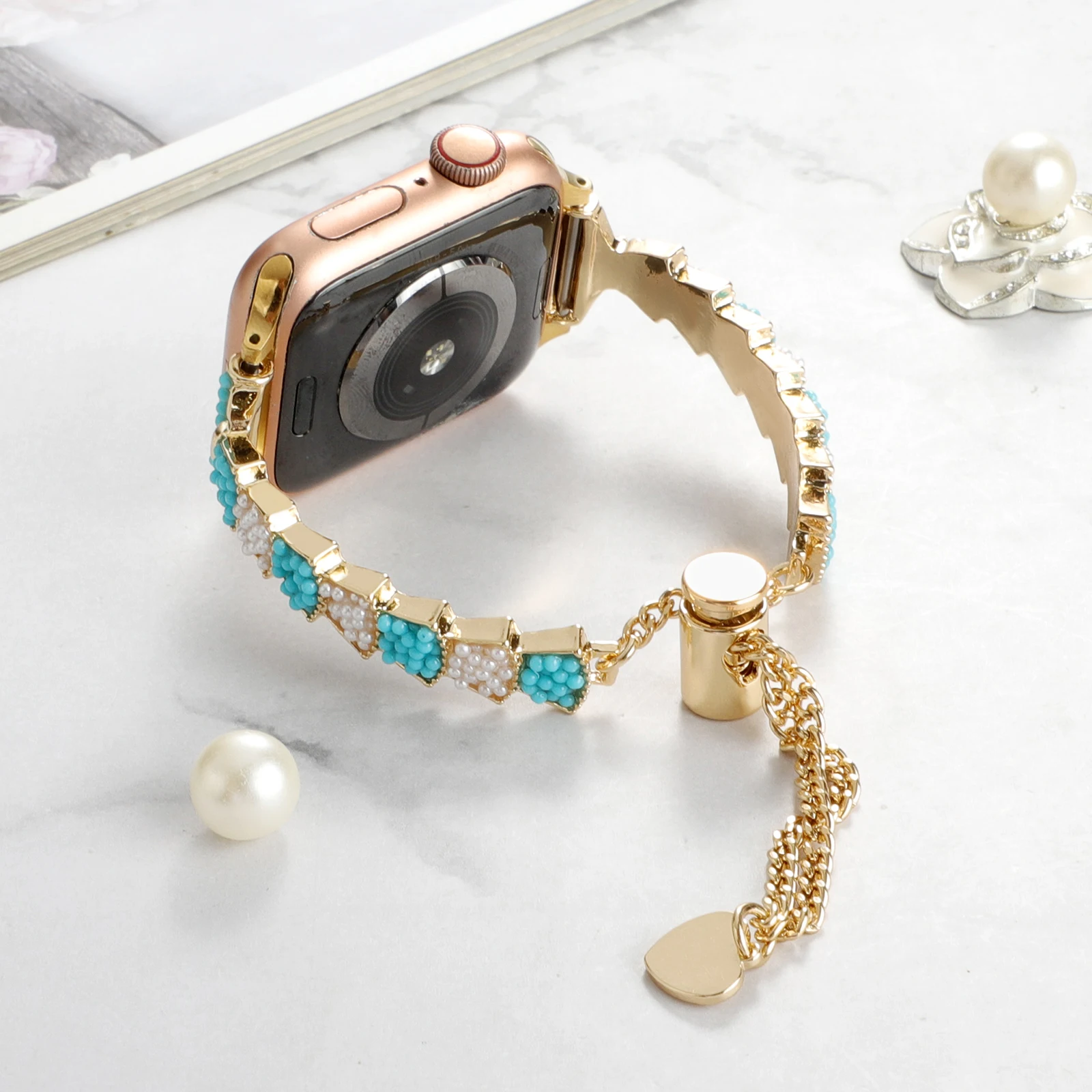 Jewelry strap for Apple watch band Rice bead metal bracelet chain iwatch87654321SE Ultra38 40 41 42 44 45mm women ornament wrist