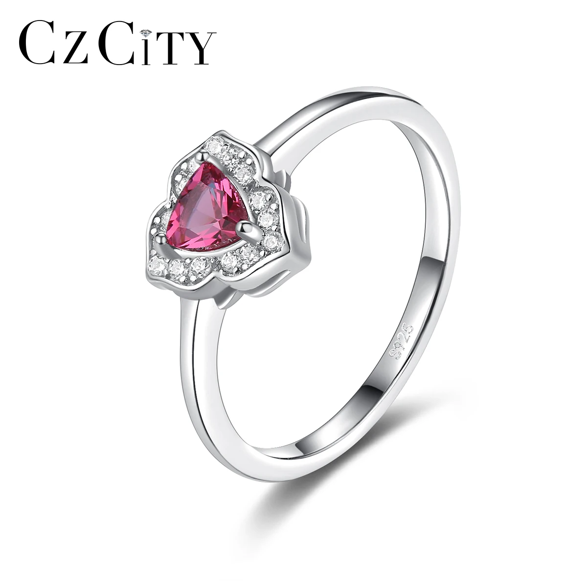 

CZCITY Heart Ruby Rings for Women Real 925 Sterling Silver Red Gemstone Promise Flower Bague Fine Jewelry Wedding Christmas Gift