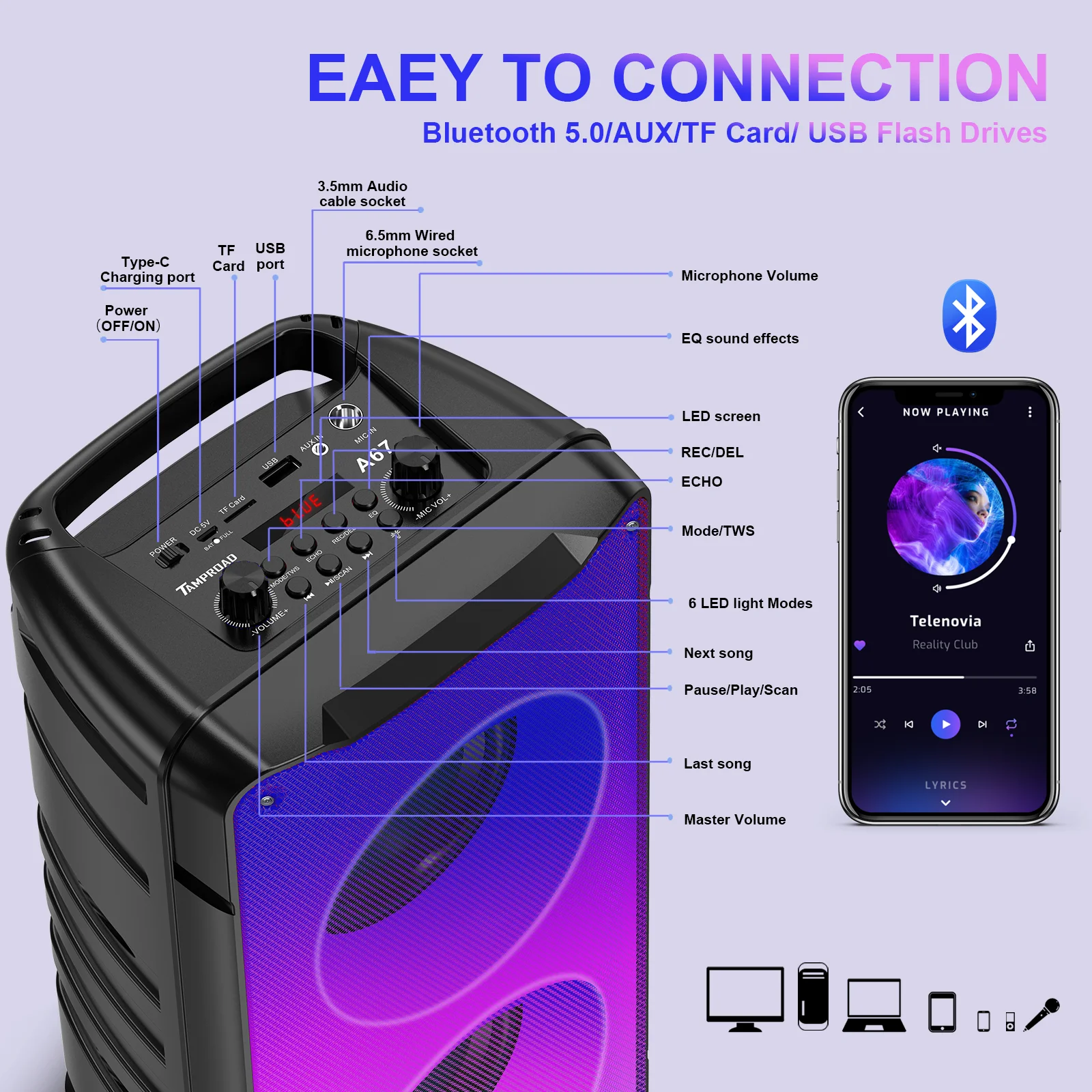 Bluetooth-Колонка TOPROAD портативная 30 Вт с пультом ДУ | Электроника