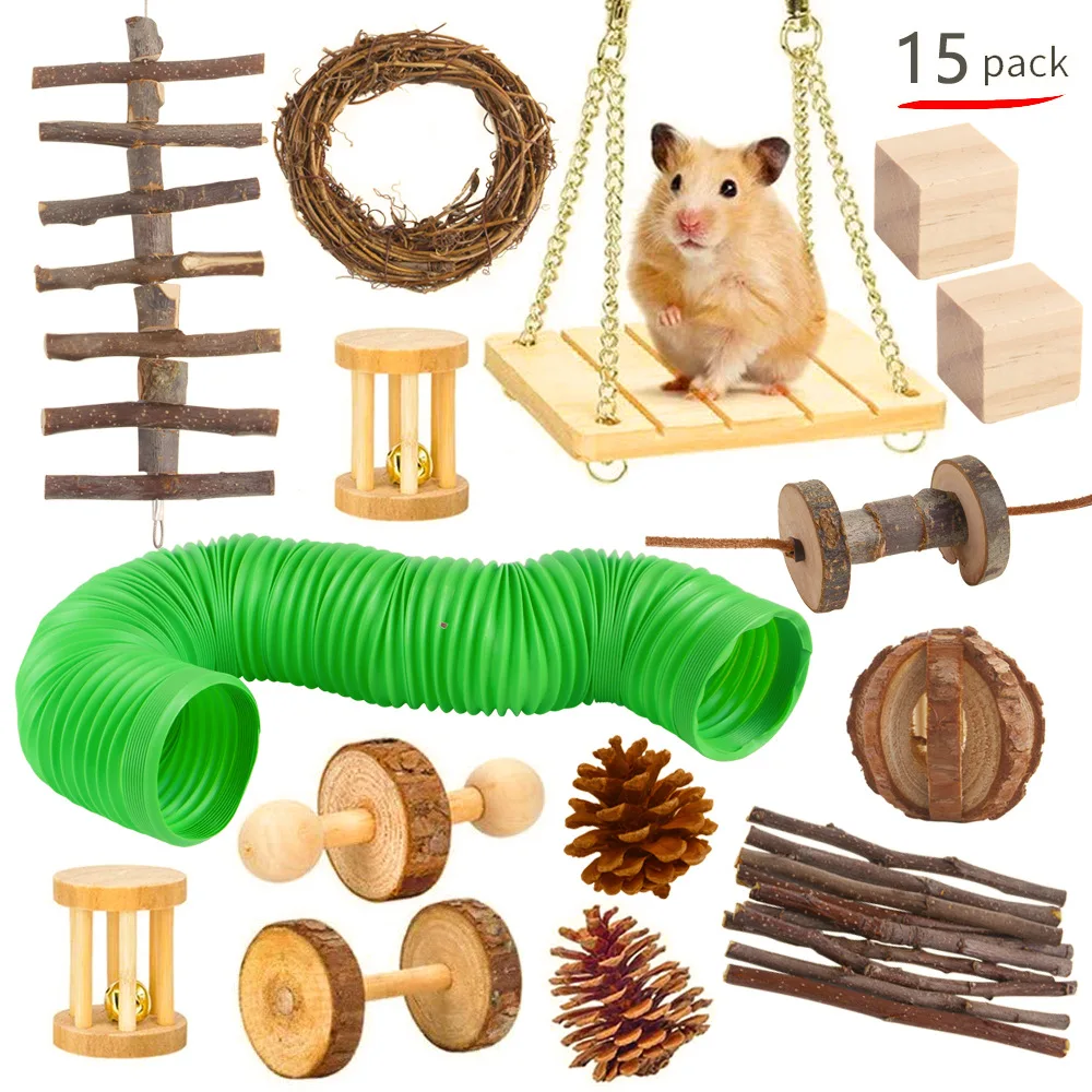 

Hamster Toys, Guinea Pig Toys, Wooden Hamster Toy Set Natural Apple Wood Small Animal Chew Molar Toys for Teeth ,Hamster Tunnel